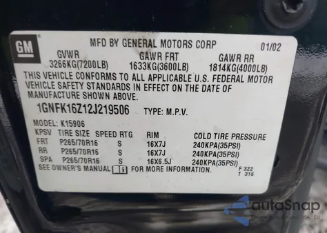 2002 Chevrolet Suburban 1500 Ls from USA, damaged, VIN 1GNFK16Z12J219506